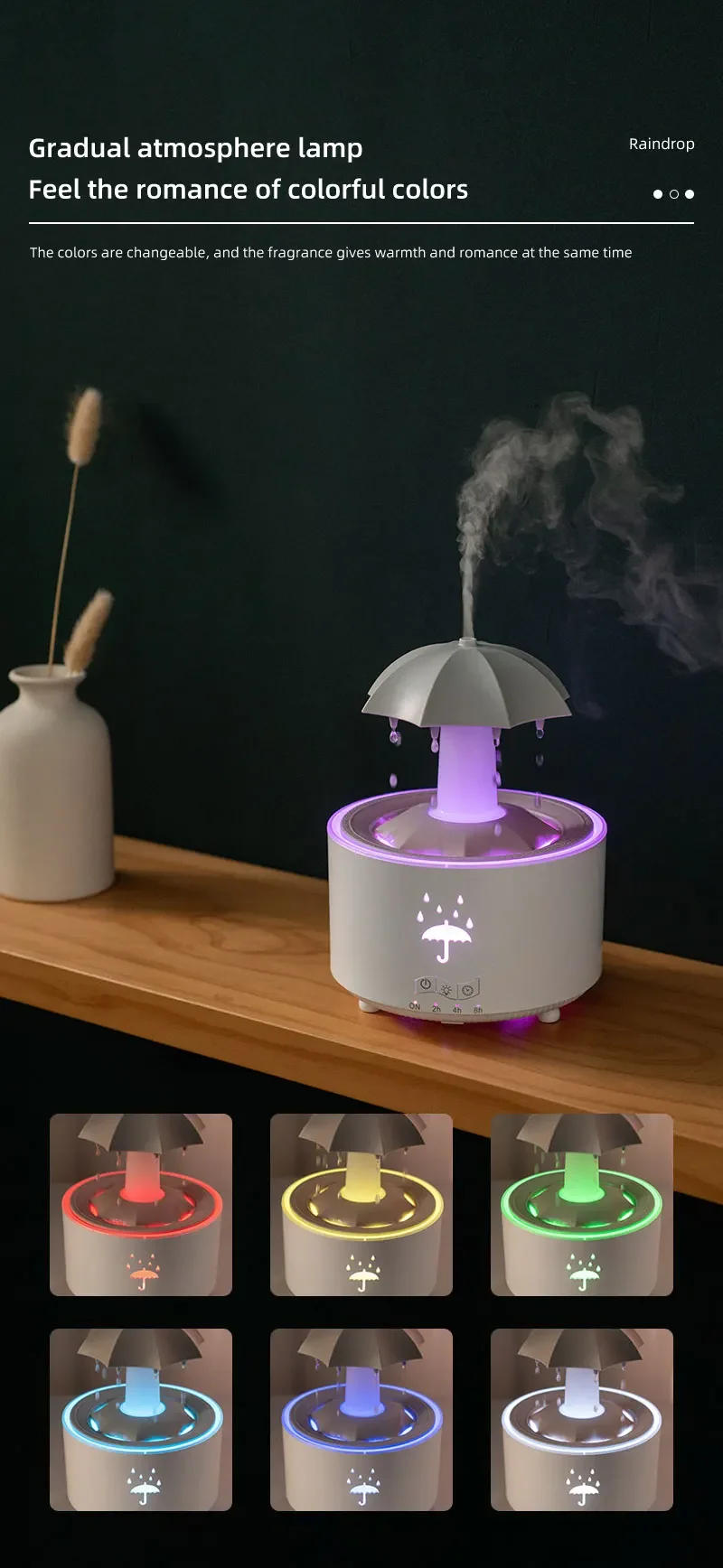 Description Picture 5 of itemCreative Umbrella Water Drop Air Humidifier with Colorful Light Raindrop Aroma Essential Oil Diffuser Aromatherapy Humidifier