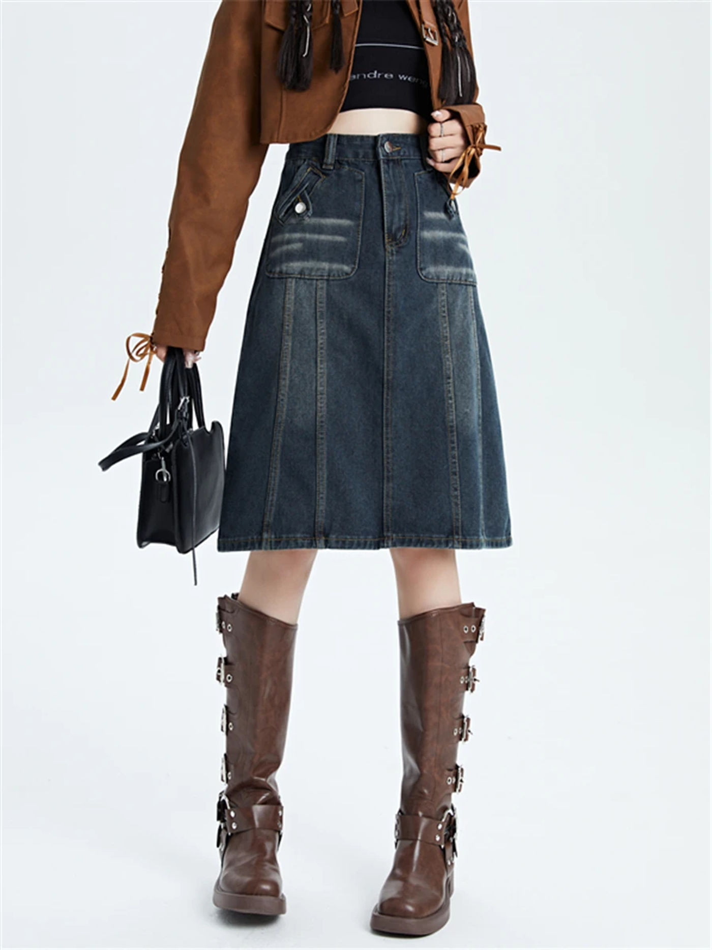 Description Picture 3 of itemAmerican Style Vintage Washed Denim Skirt for Women High Street Loose Wide Leg Design Sense Midi Skirt