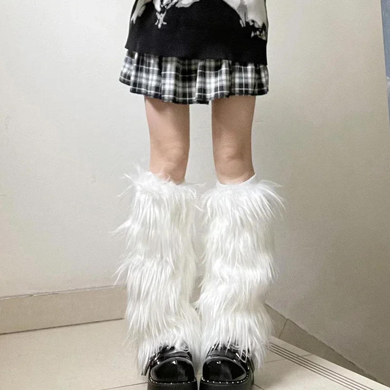 Description Picture 4 of item1-2Pairs White Faux Fur Leg Warmers Boot Covers Y2K Goth Solid Leg Socks Punk Jk Knee-length Hiphop Hotgirl Fashion Warm Sock