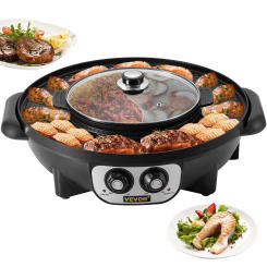 VEVOR 2 in 1 Electric Hot Pot BBQ Grill 2200W Multifunction Portable Home Non-Stick Split Pot Smokeless Skillet Barbecue Pan