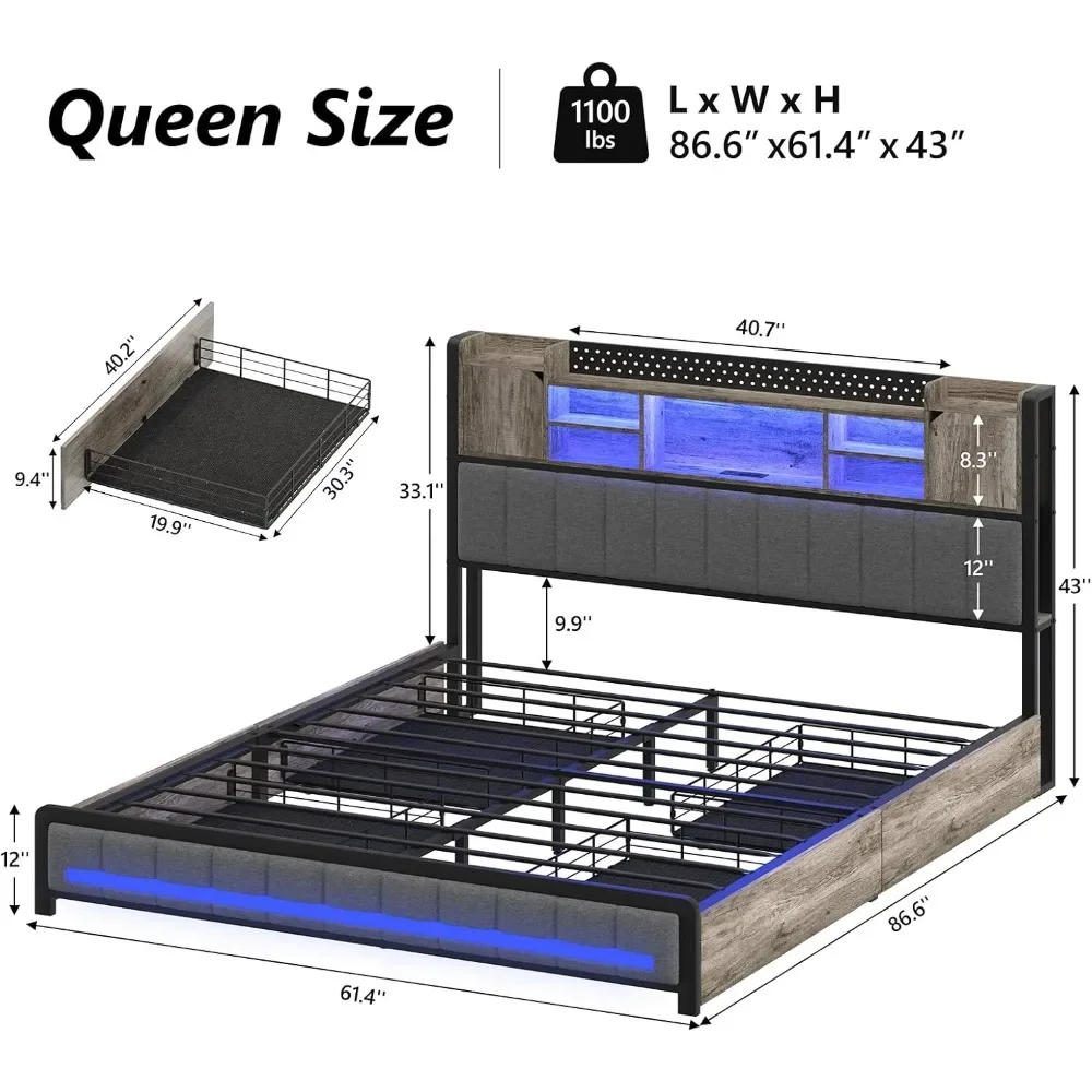 Description Picture 3 of itemQueen Bed Frame, Bookcase Headboard, LED Lights W/ Charging Station, W/Storage Drawers, No Springs Required, Platform Bed Frame