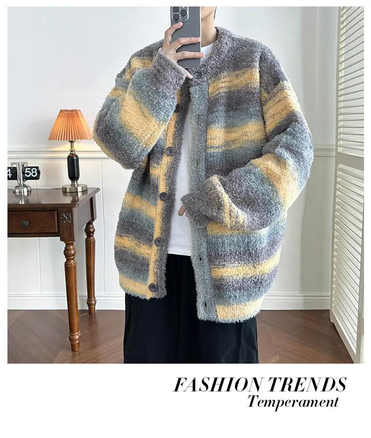 Description Picture 5 of itemHarajuku Black Color Striped Knitted Cardigan Men's Vintage Korean Style Oversized Designer Tie Dye Grandpa Sweater