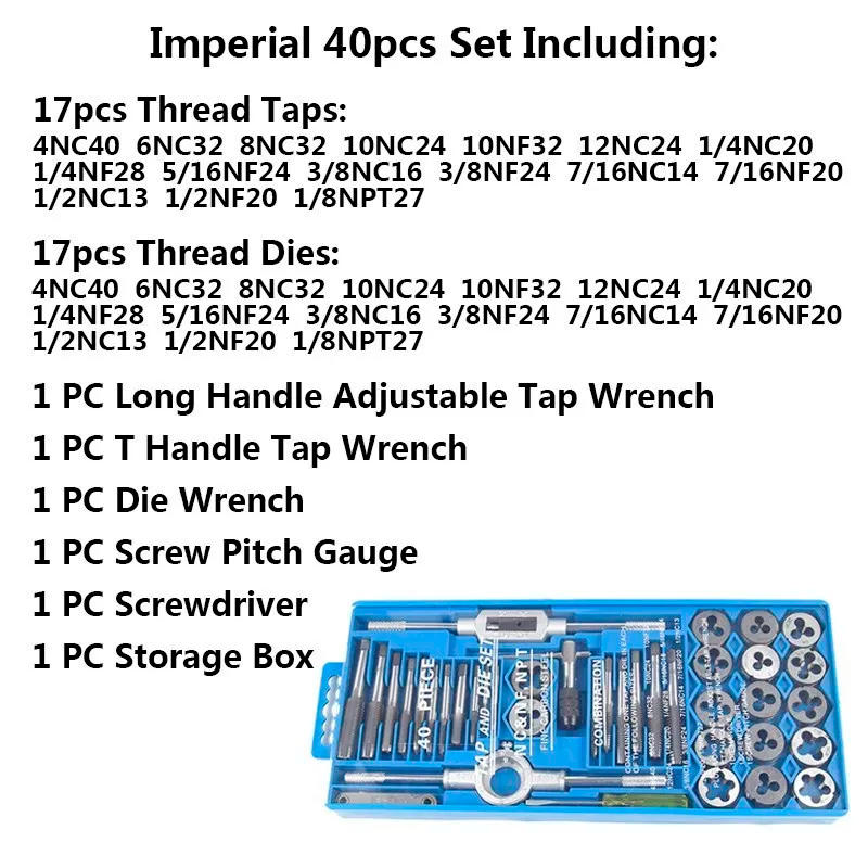 Description Picture 2 of itemHampton 40pcs Alloy Steel Imperial Thread Tap And Die Set For Metal Working Die Wrench Hand Threading Tools Screw Tap Drill Bit