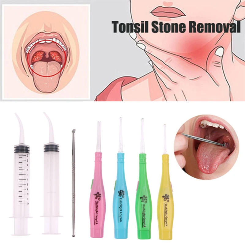 Description Picture 4 of itemTonsil Stone Remover Tools Led Light Ear Wax Remover Stainless Steel Earpick With Tips Irrigator Syringe Clean Care Tool