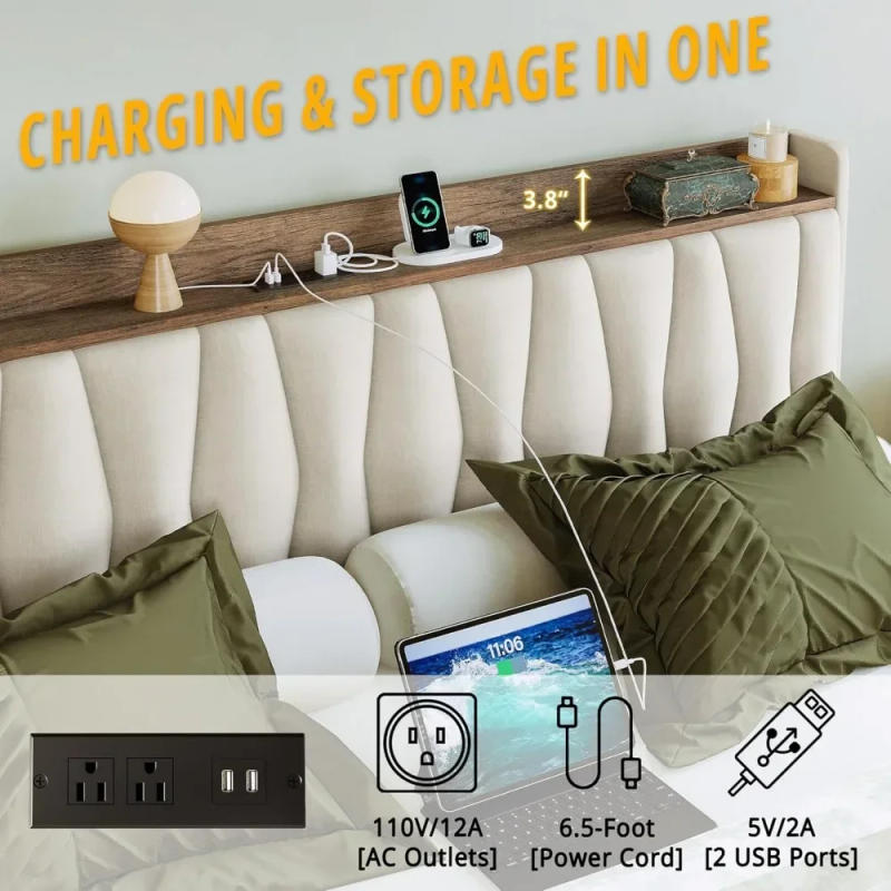 Description Picture 4 of itemKing Size Bed Frame With Storage Headboard And Charging Station, With 3 Drawers, No Box Spring Needed, Bed Frame Queen Size
