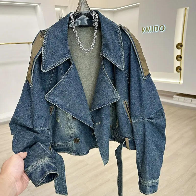 Description Picture 3 of itemStreetwear Denim Jackets for Women 2025 Ropa Mujer Patchwork Leather PU Casual Outwear Y2k Tops Harajuku Fashion Vintage Coats