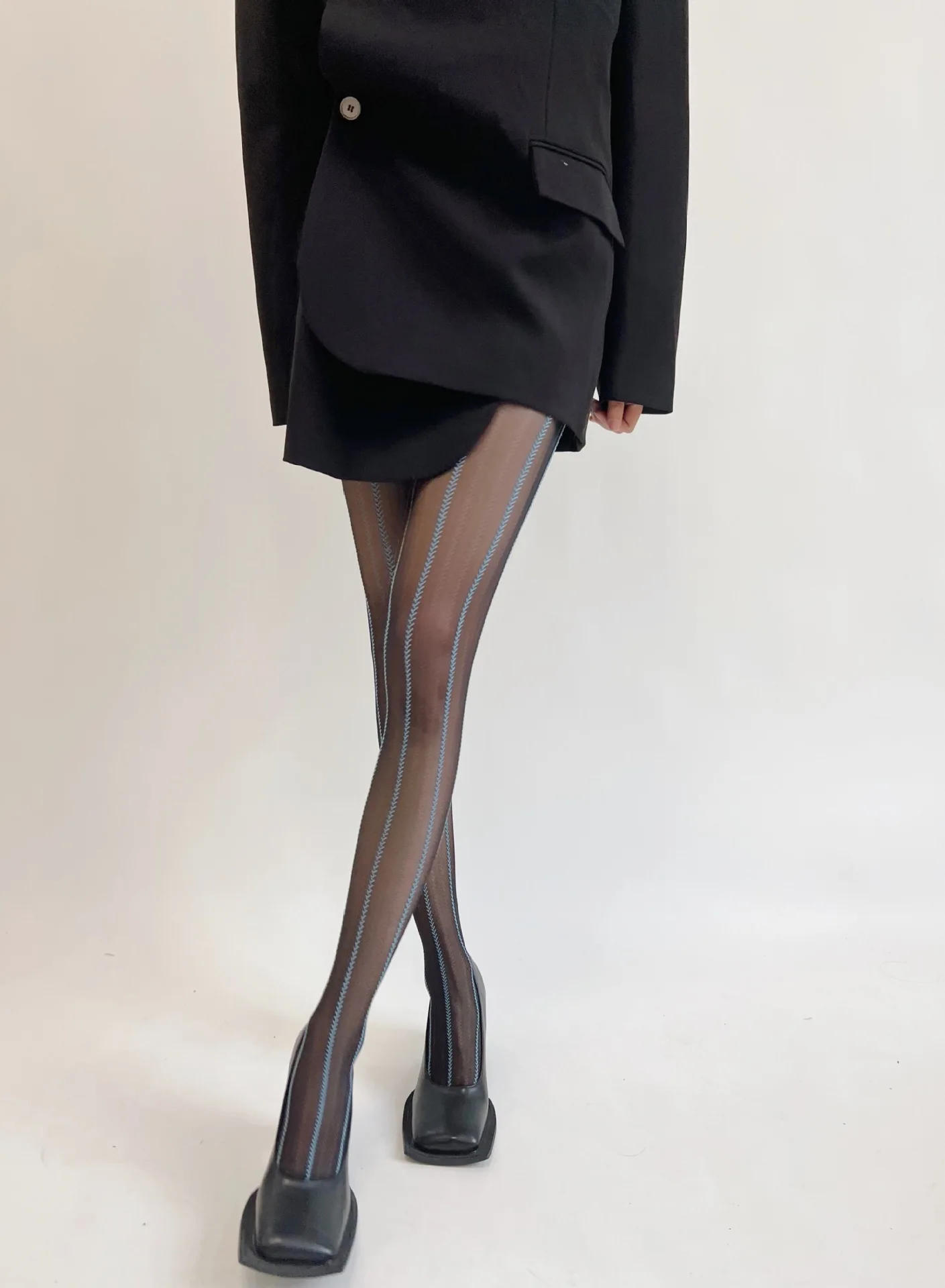 Description Picture 3 of itemRetro Stockings Sexy Blue Silk Pantyhose Japanese Lolita Vertical Striped Wheat Grain Ultra-thin Cosplay Designer Tights Women