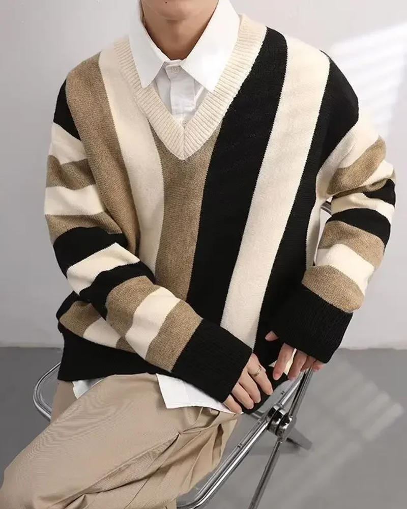 Description Picture 2 of itemStriped V-neck Knitted Men's Top Autumn Winter Korean Style Loose Fit Color Blocking Pullover Long Sleeve Color Block Sweater