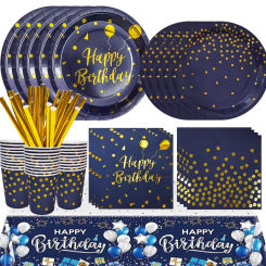 Dark Blue Gold Birthday Disposable Tableware Paper Plates Cups Napkin Tablecloth Adult Elegant Birthday Party Decoration Wedding
