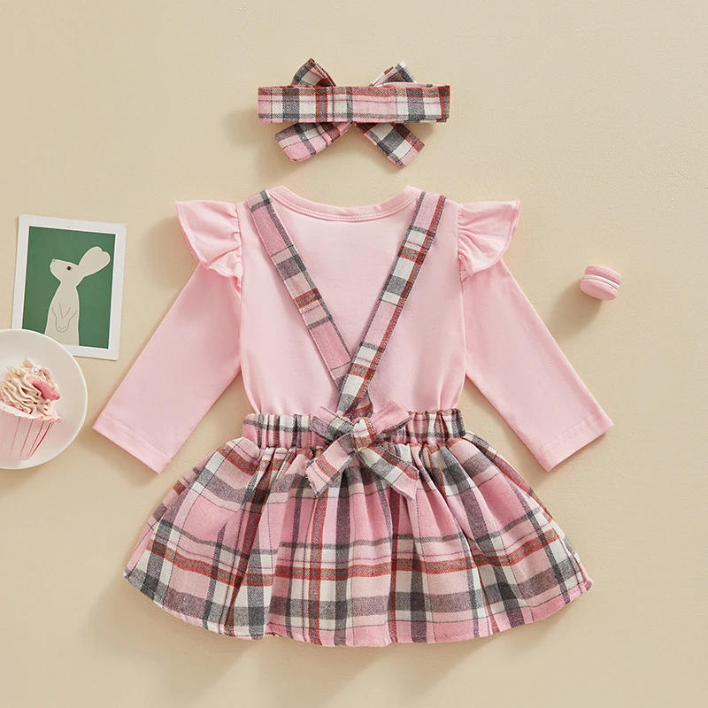 Description Picture 3 of itemBaby Girls Easter 3PCS Sets Pink Flying Sleeve Romper Bunny Embroidery Plaid Suspender Skirt Headband Sets