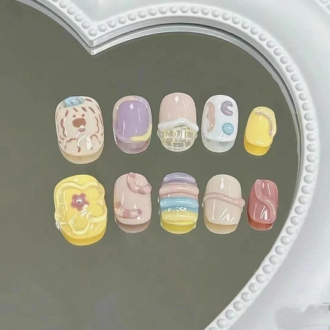 Description Picture 5 of item10Pcs Color Dopamine False Nails Cartoon Cute False Nails 3D Line Design Nail Art Handmade Short Square Press on Nail with Glue