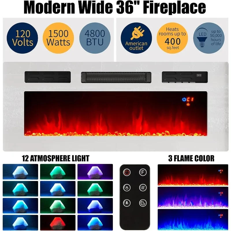 Description Picture 3 of itemFireplace TV Stand with 36" White Fireplace, 70" Modern High Gloss Fireplace Entertainment Center LED Lights, 2 Tier TV Consol