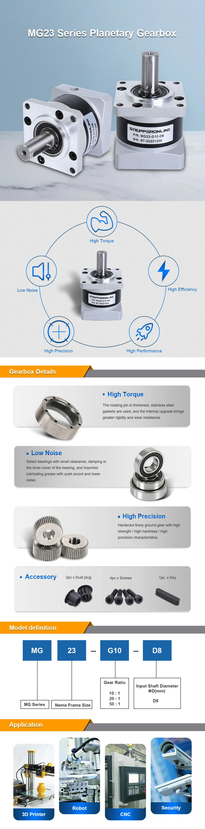 Description Picture 3 of itemSTEPPERONLINE Nema 23 Planetary Gearbox Motor Speed Reducer Ratio 10:1/20:1/50:1 8mm Input for Nema23 Stepper Motor