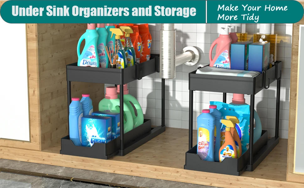 Description Picture 3 of item2-Tier Multi-Use Kitchen and Bathroom Organizers Storage with Sliding Drawers, Bathroom Cabinet Organizer with Hooks Hanging Cup