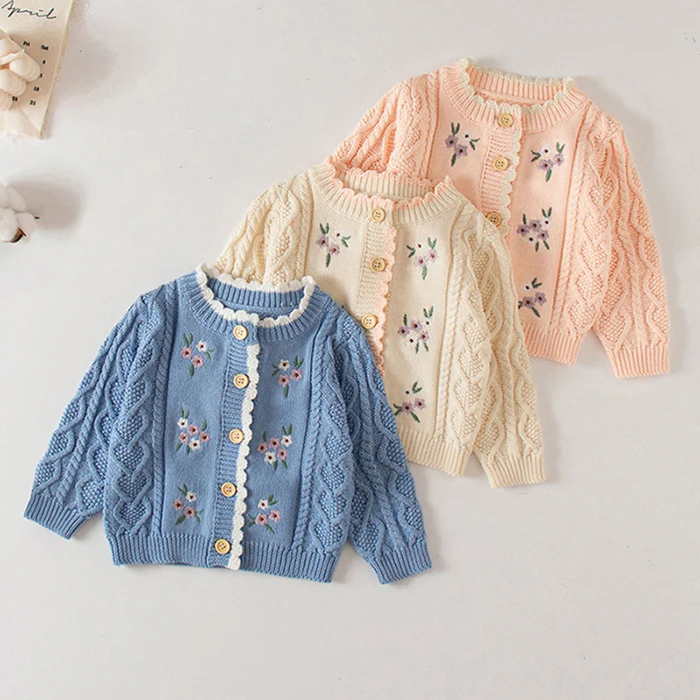 Description Picture 3 of itemWinter Spring Baby Knitted Clothing Long Sleeved Floral Embroidery Knitting Coat Newborn Baby Girls Knitting Cardigan Sweater