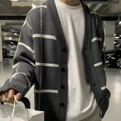 Men Vintage Knitwear Cardigan Men's V-neck Plaid Print Knitwear Cardigan Stylish Autumn Winter Sweater Coat with for Casual