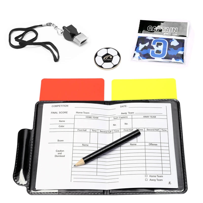 Description Picture 4 of item1set Red and Yellow Card  Kit Football Referee Tools With Football Captain Armband Whistle CoinLeather bag Pencil Paper