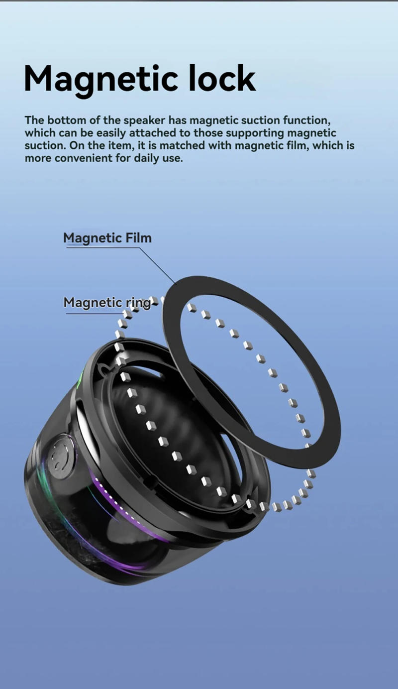 Description Picture 3 of item696 Magnetic Portable Outdoor Blue Tooth Speaker Mini Sound Box Multifunctional RGB Colorful Stereo Sound Blue-tooth 5.3 Speaker