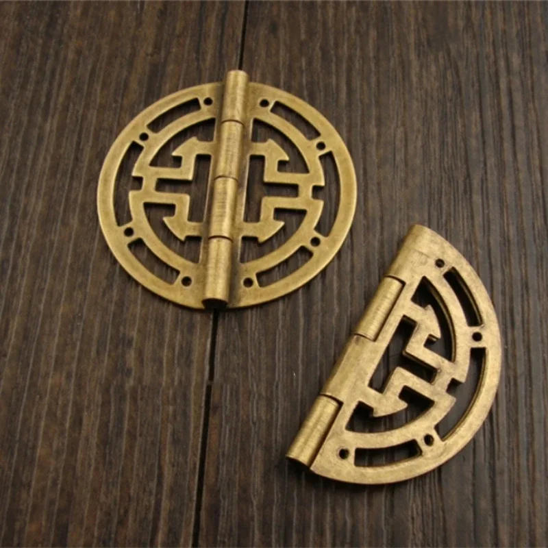 Description Picture 3 of item2pcs Vintage Round Brass Hinges w/screws 45mm/1.77inch Hollow Pattern Old Chinese Retro Decor Wood Jewelry Box Wine Case Cabinet