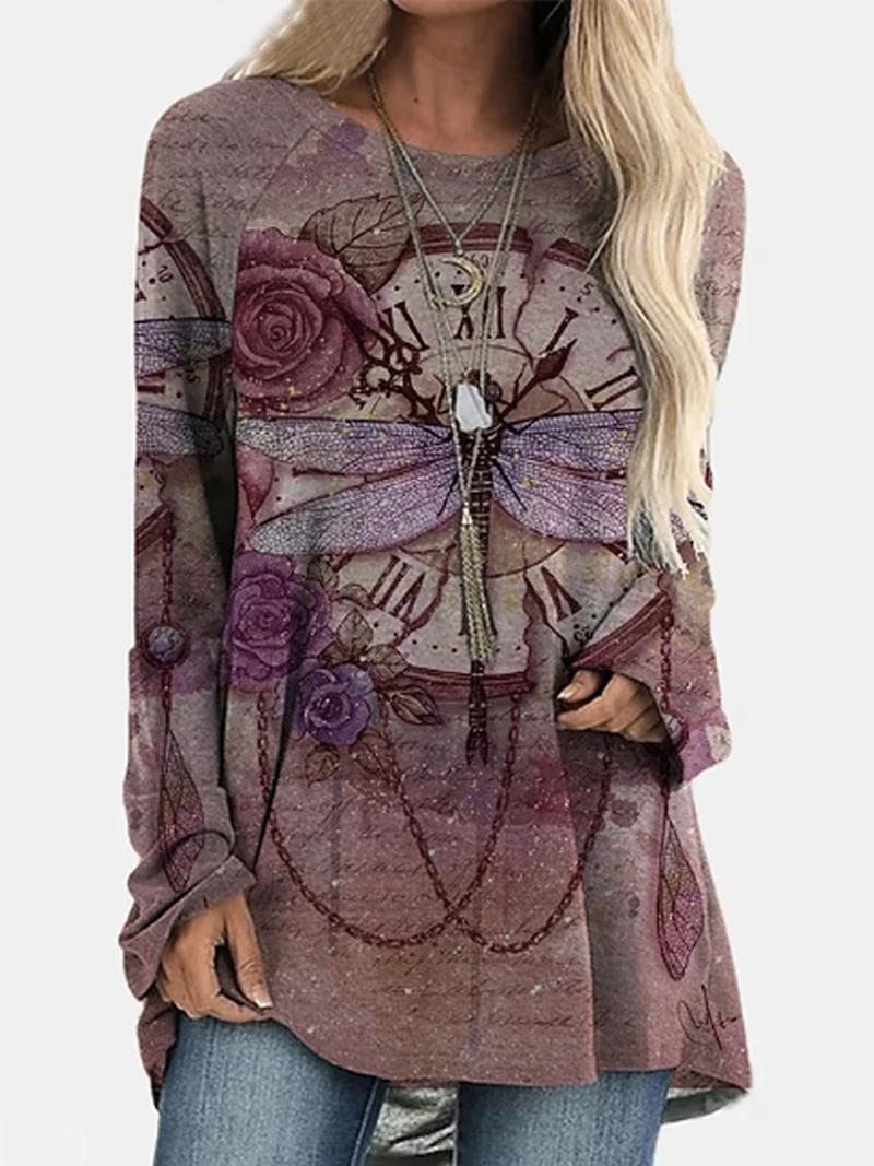 Description Picture 2 of itemWomen's plus Size Long Sleeve Pullover T-Shirt round Neck Commuter Style Butterfly Pattern Fall Winter New Top