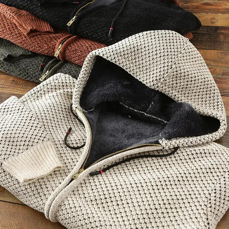 Description Picture 6 of itemMens Cardigan Winter Clothes Men's Autumn and Fleece Thickened Warm Hooded Sweater Pineapple Texture Men