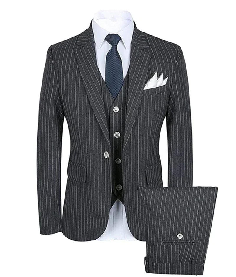 Description Picture 5 of itemNew Grey Strips Groom Suit Cheap Formal Man Suits for Wedding Best Men Slim Fit Groom Tuxedos for Man(Jacket+Vest+Pants)