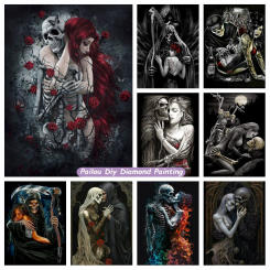 Gothic Skull Love Couple Diamond Mosaic Painting Skeleton Flowers Death Grim Reaper Dark Art Cross Stitch Crystal Room Decor
