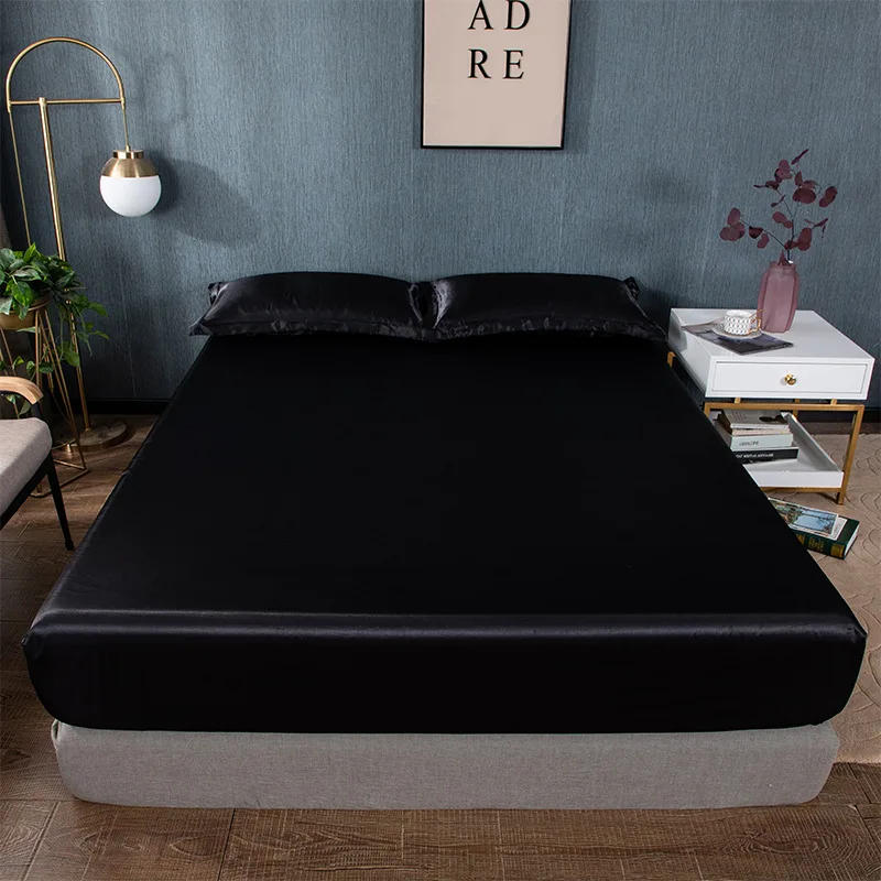 Description Picture 5 of itemSatin Rayon Fitted Sheet High-End Mattress Cover Solid Color Bedsheet Elastic Band Twin Full Queen King Bed Sheet