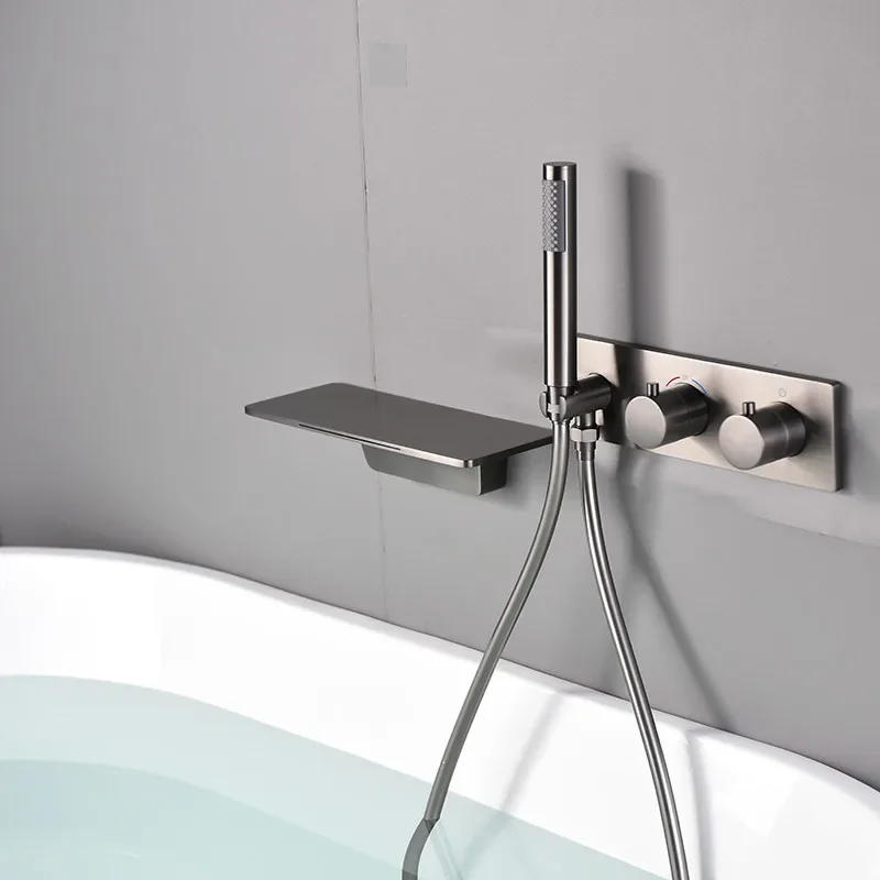 Description Picture 2 of itemBrushed Gold Thermostat Bathtub Shower Faucet Set Brass Hot & Cold Mixer Tap With Handheld In-Wall Waterfall Type Gun Gray/Black