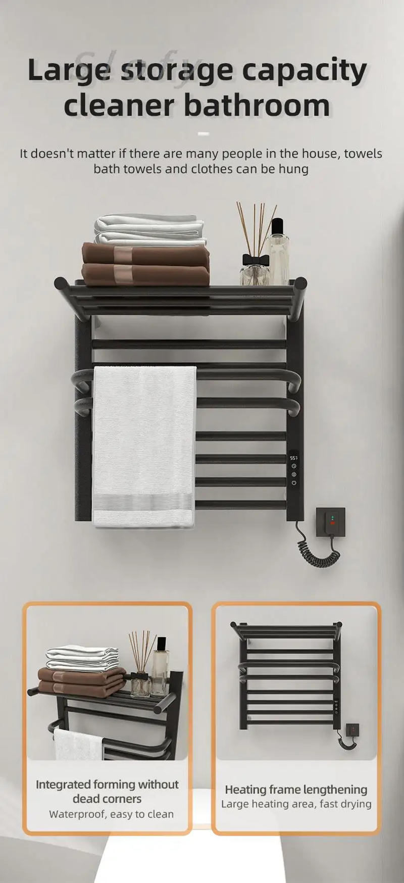 Description Picture 4 of itemElectric Heated Towel Rack Wall Mounted Drying Rack Towel Warmer with Top Shelf for Bathroom Heated Towel Warmer Heater Plug-in
