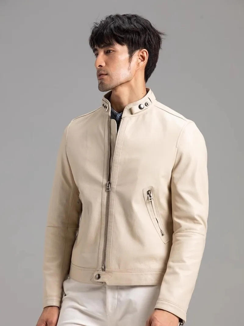 Description Picture 5 of itemDesigner Mens Genuine Leather Motorcycle Jacket Slim Stand Collar High Quality Natural Sheepskin Short Coat Customized 7 Days