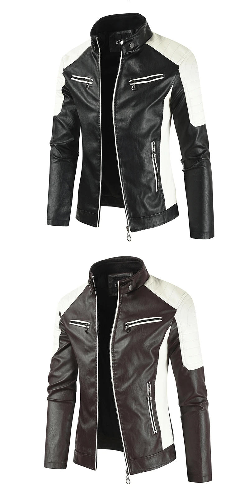 Description Picture 4 of item2023 Autumn Men's Stand Collar Slim Fit PU Leather Jacket Men's Fashion Splicing Trendy Men's Motorcycle Jacket jackets for men