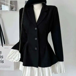 BZVW Elagant Blazer Dress Women Notched Single Breasted Patchwork Contrast Color Gathered Waist Dresses 2025 Autumn New 25A8500