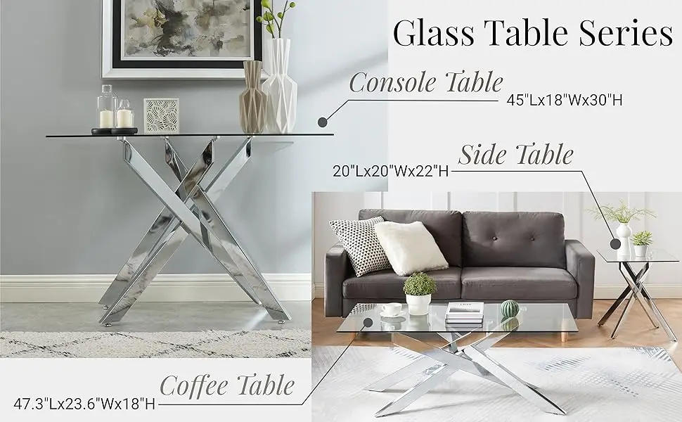Description Picture 5 of itemStyle Console Table Narrow Sofa Table with Tempered Glass Top and Metal Tubular Legs, 45" Lx18 Wx30 H, Silver