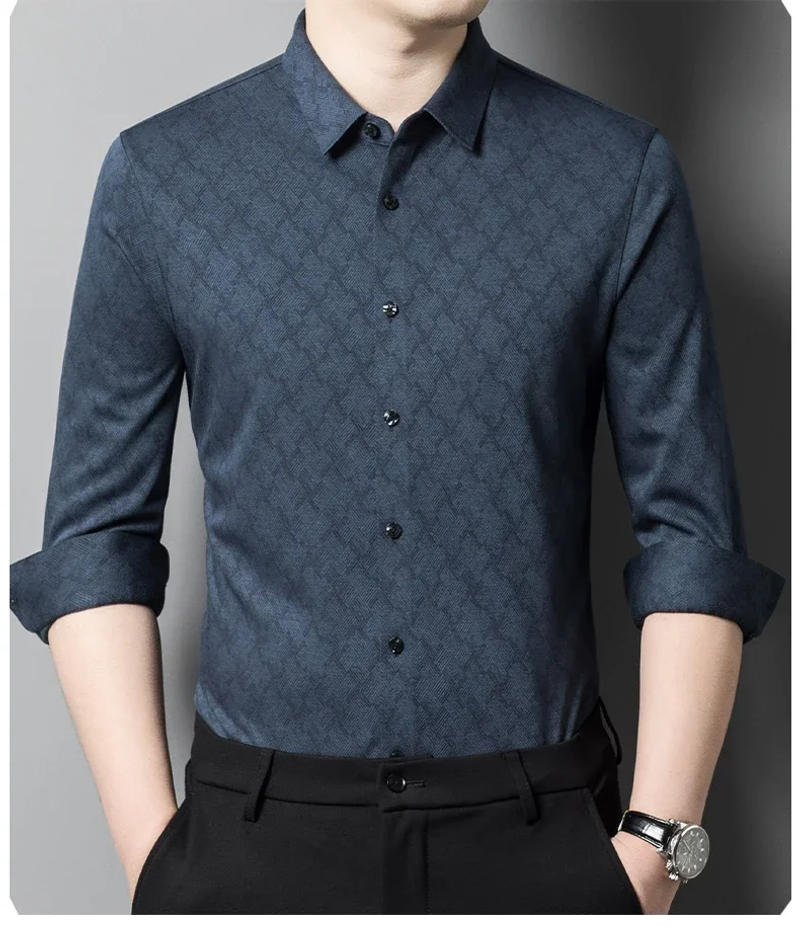 Description Picture 5 of itemSeamless Wool Men's Dress Shirts Luxury Allover Printed Long Sleeve Business Casual Single Breasted Male Shirts 4XL