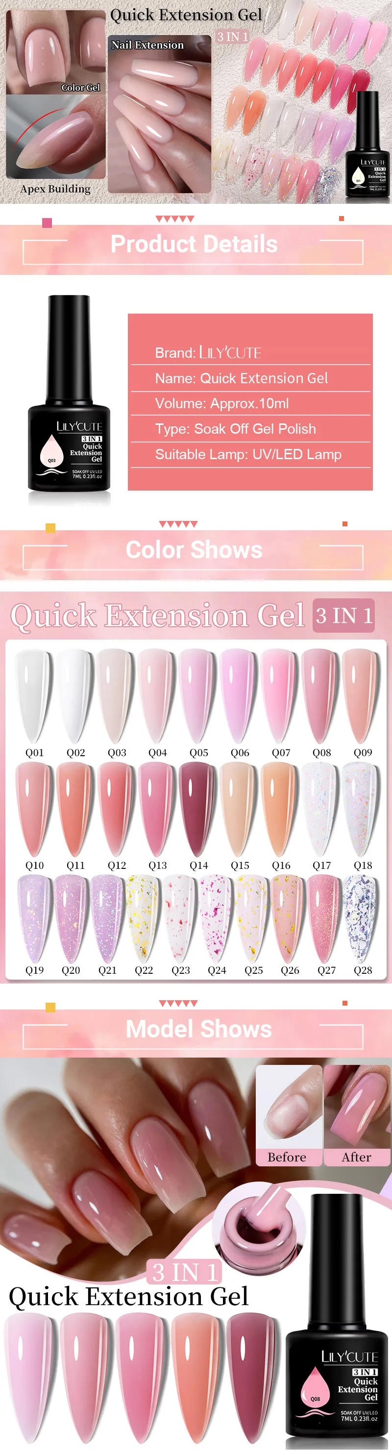 Description Picture 2 of itemLILYCUTE 7ML Nude Pink Quick Extension Gel Nail Polish Milky Clear Sturcture Hard Enhanced Construction Gel Nail Art Manicure