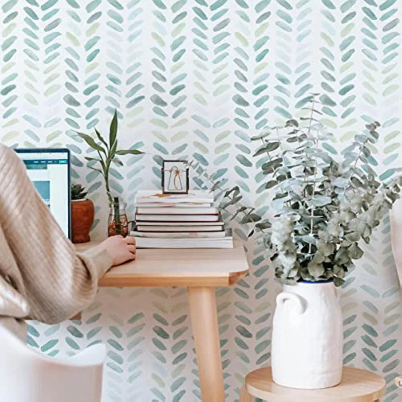 Description Picture 3 of itemGreen and White Peel and Stick Wallpaper Boho Contact Paper Leaf Self-Adhesive Removable Wallpaper Herringbone Wallpaper