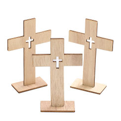 12PCS Wooden Crosses Standing Candlestick Projection Jesus Crucifix Christian Baptism Table Centerpieces First Communion Decor