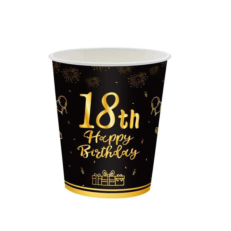 Description Picture 5 of item8Guests 18 Years Old Birthday Disposable Tableware Sets Black Golden 18th Paper Plate Napkin Cup Happy 18th Birthday Party Decor