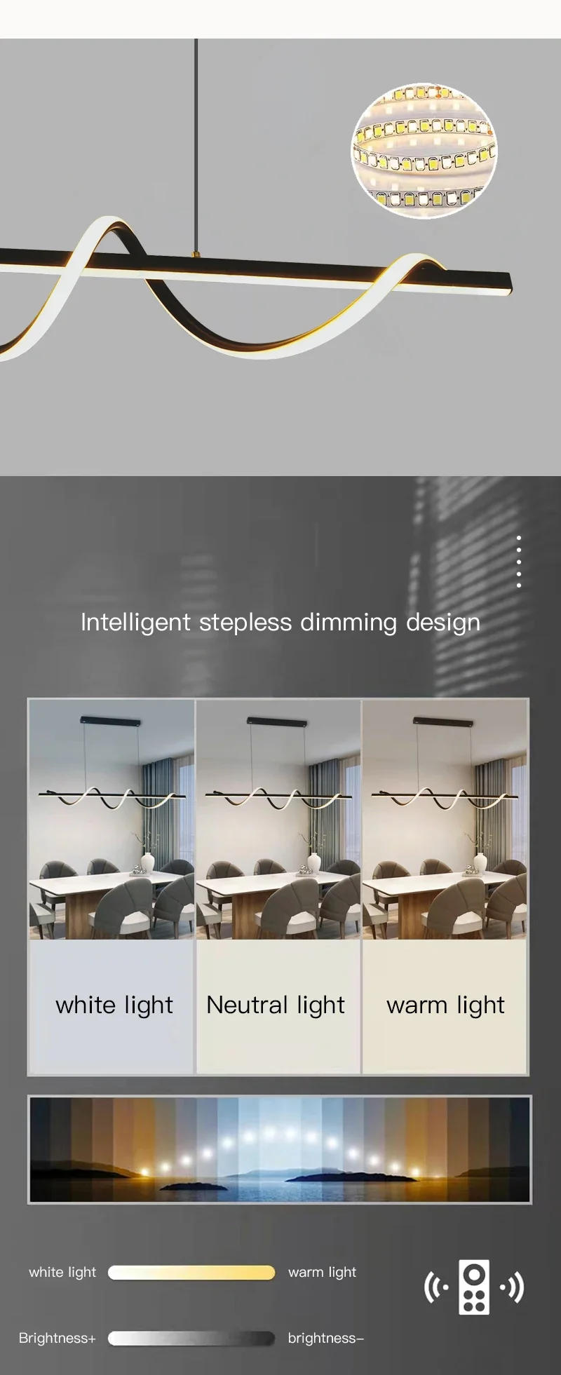 Description Picture 5 of itemModern Long Rotate LED Pendant Lamp With Remote Control Gold For Dining Room Kitchen Coffee Table Home Decor Lighting Fixtureroo