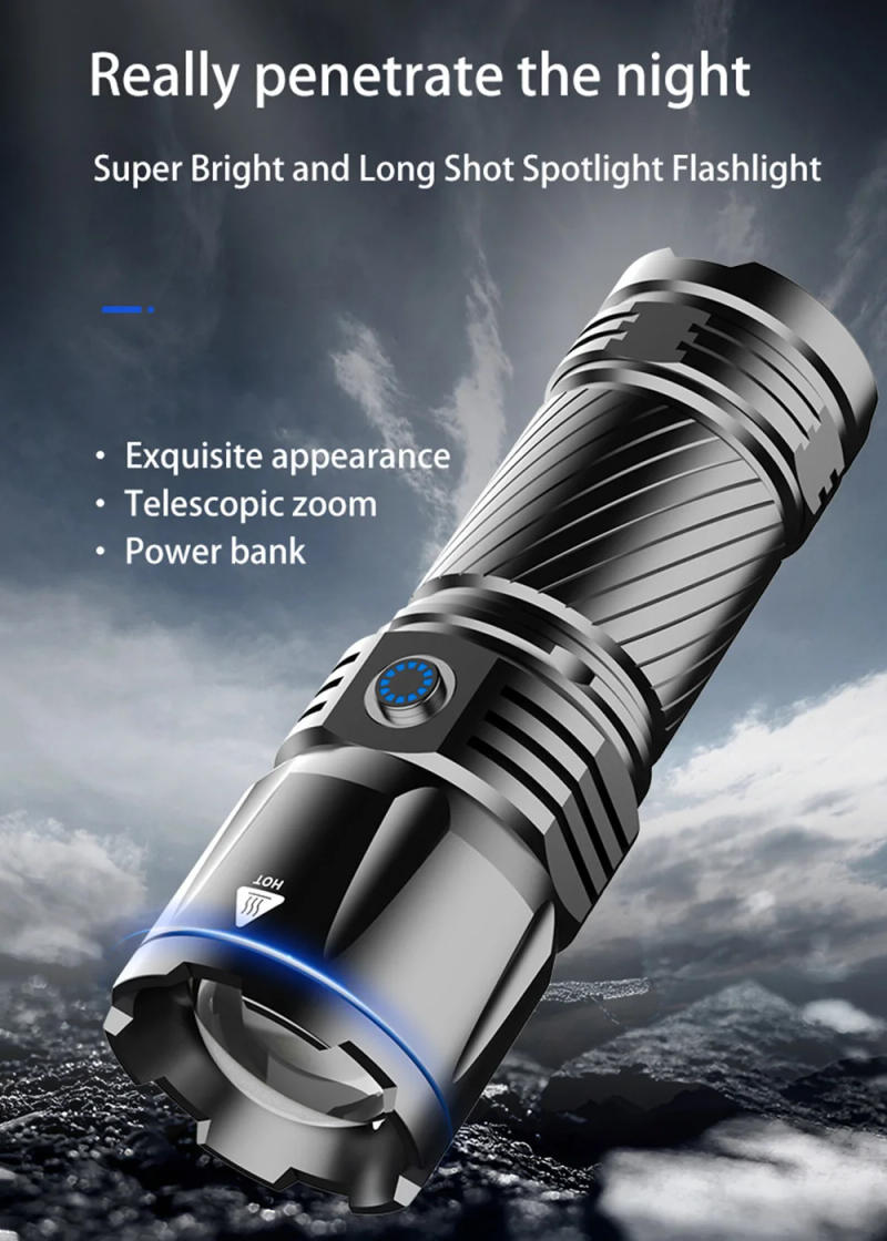 Description Picture 2 of item8000M Long Shot Spotlight Flashlight Built in 10000mAH Powerful Rechargeable Tactical Flashlight Zoomable Waterproof for Camping