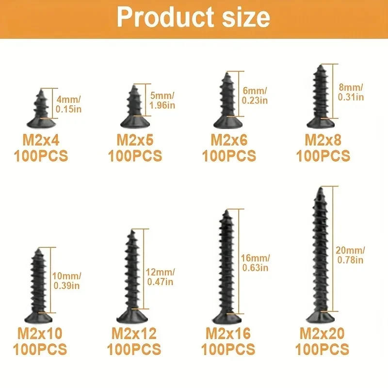 Description Picture 5 of item800pcs M2 Self Tapping Screw Black Flat Countersunk Head Wood Screw Carbon Steel For Home Improvement DIY