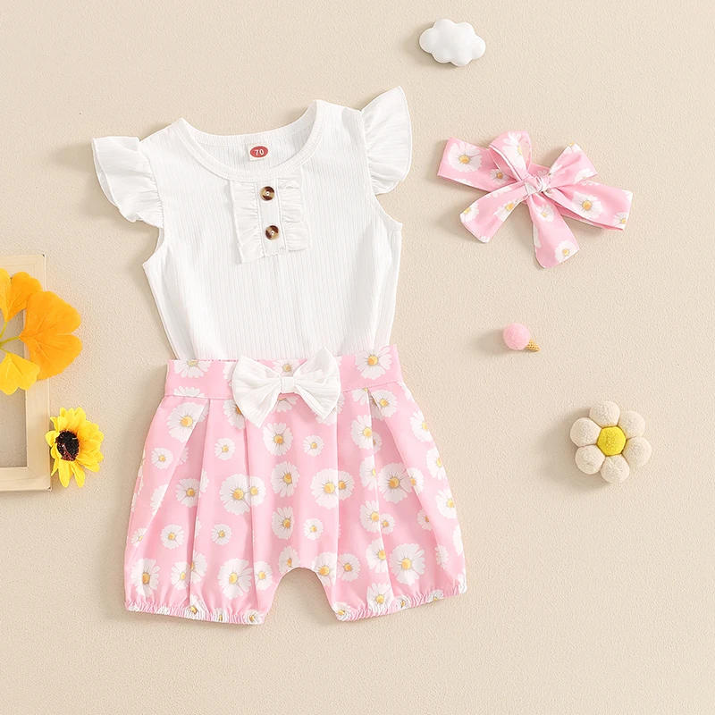Description Picture 4 of itemBaby Girls Shorts Set Fly Sleeve Romper with Flower Print Shorts and Hairband Summer Outfit