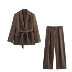 Taop&Za Spring and Summer New Product Women's Wear with Belt Straight Sleeve Casual Suit Coat Waist and Pants Set