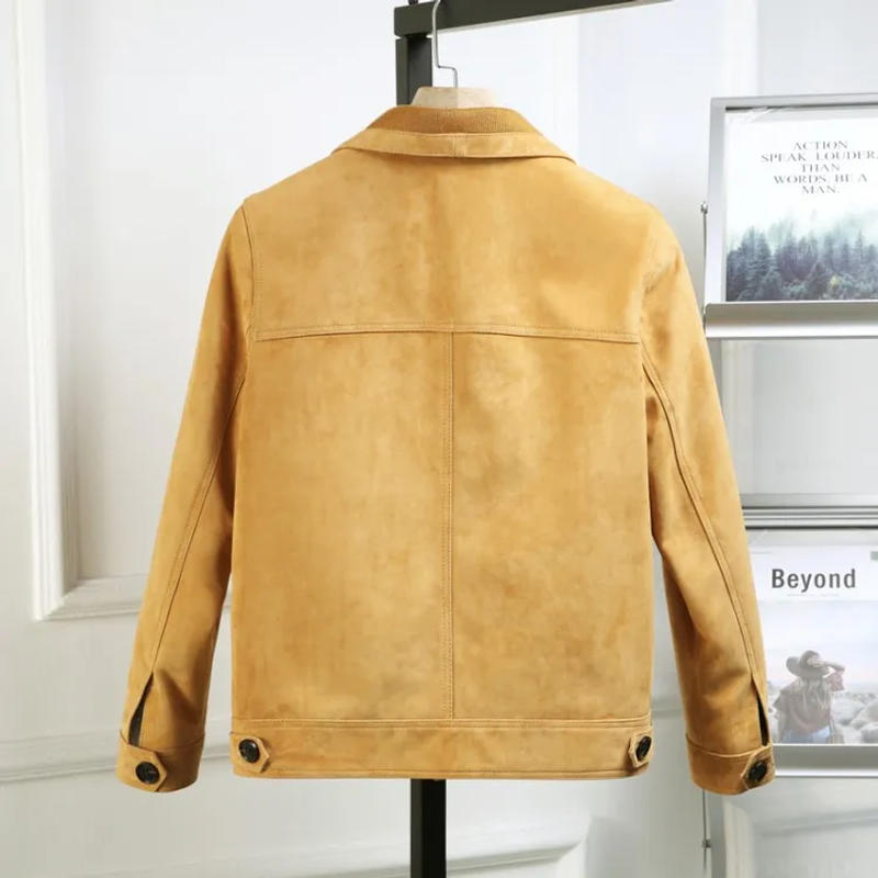 Description Picture 3 of itemAutumn Men Single Breasted Goat Suede Leather Cargo Jacket Vintage Slim Fit Motorcycle Riding Genuine Leather Coat Man Jacket