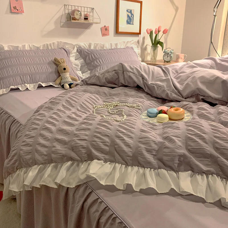 Description Picture 6 of itemPink Ruffled Seersucker Duvet Cover Set 3/4pcs Soft Lightweight Down Alternative Grey Bedding  with Bed Skirt and Pillowcases