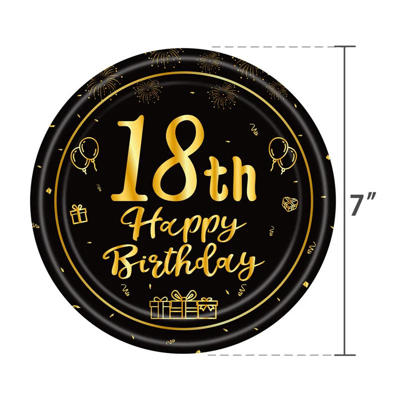 Description Picture 4 of item8Guests 18 Years Old Birthday Disposable Tableware Sets Black Golden 18th Paper Plate Napkin Cup Happy 18th Birthday Party Decor