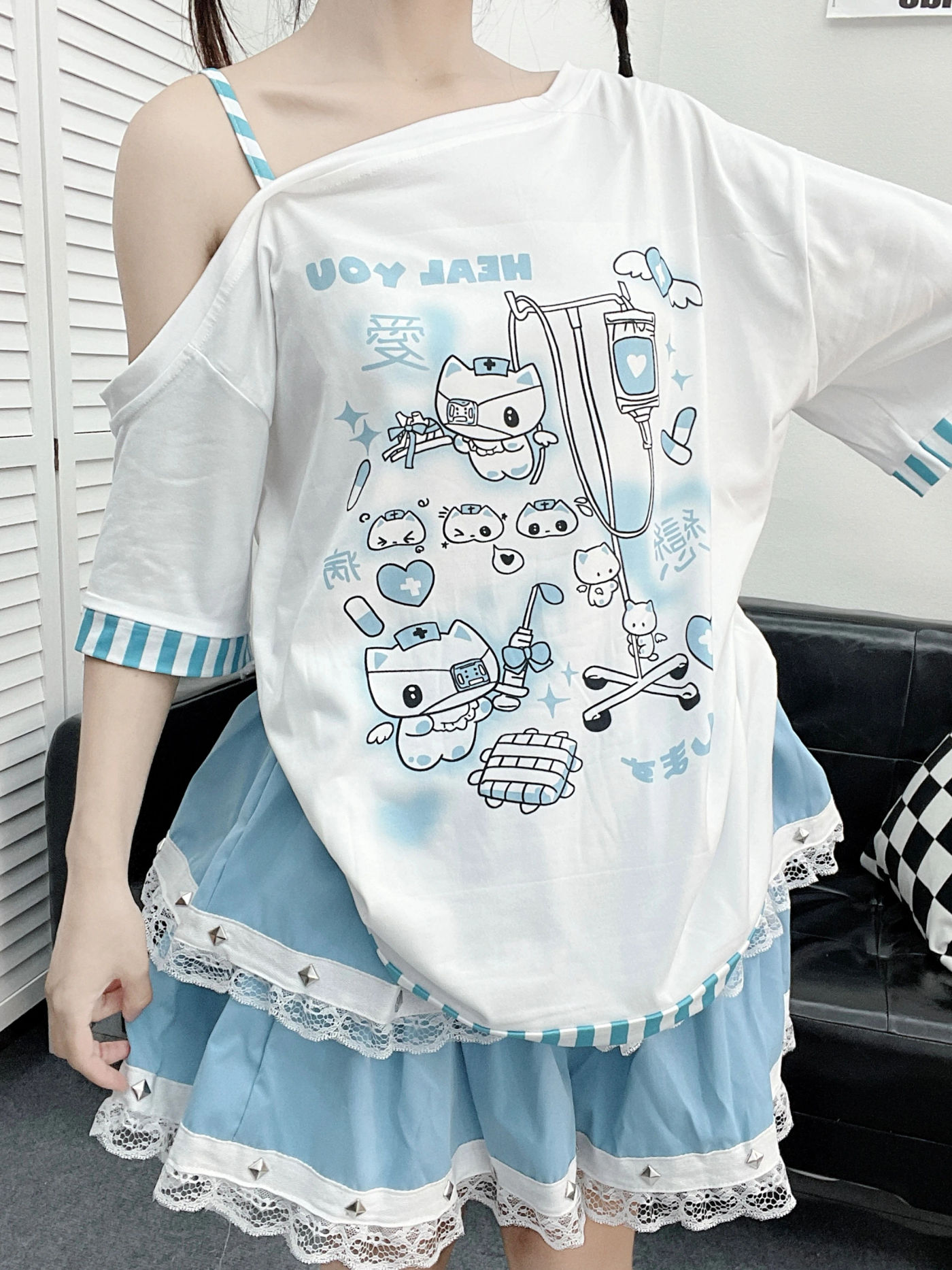 Description Picture 5 of itemGothic Woman Clothing Y2k Harajuku T-shirts Japanese Female Clothing Patchwork Kawaii Sweet Cartoon Print stripe y2k Clothes Top