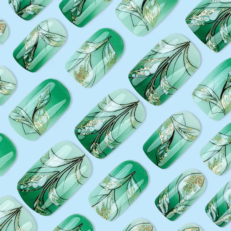 Description Picture 3 of item24pcs Short Square Press on Nails Jade Flower Sparkling Powder Designs Fake Nails with Glue Green Gradient Full Cover Nail Tips