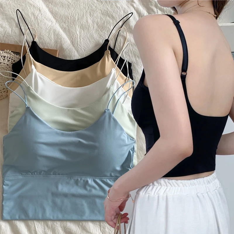 Description Picture 2 of itemSexy Summer Bra Ice Silk Crop Tops Sports Spaghetti Strap Vest Top Women Built In Bra Off Shoulder Sleeveless Camisole Underwear